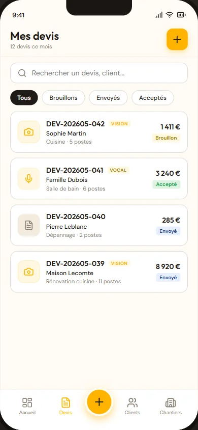 Liste des devis dans Artisyo