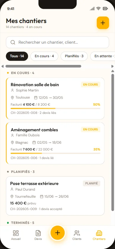 Suivi des chantiers dans Artisyo