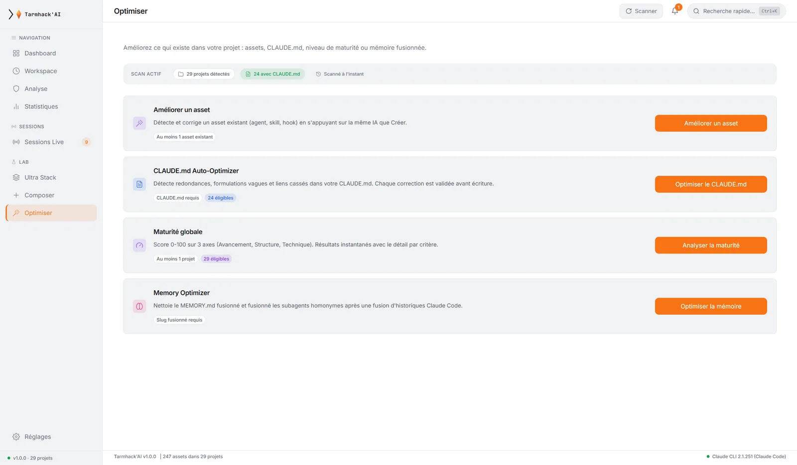 Laboratoire Tarmhack'AI : optimisation d'un asset, auto-optimizer CLAUDE.md et maturité globale